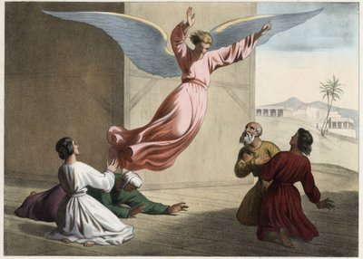 Der Erzengel Raphael verlässt die Familie Tobit. Anonyme Gravur aus der Mitte des 19. Jahrhunderts von Unknown artist