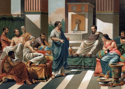 Das Bankett des Periander (Tyrann oder König von Korinth) für die sieben Weisen Griechenlands. Von links nach rechts: Bias, Äsop, Anacharis, Cleobule, Solon, Pythagoras, Periander und seine Frau Melisse. Nach „La Ciencia y sus Hombres“ von Louis Figuier. B von Unknown artist