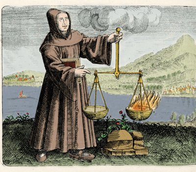 Der Franziskanermönch, Philosoph und Alchemist Roger Bacon (Doctor Mirabilis) (1214-1294) bei einem Experiment. Gravur aus „Symbola aureae mensae duodecim nationum“ von Michael Mayer 1617 von Unknown artist