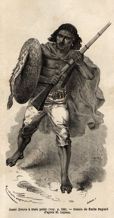 Das Spiel, oder der tapfere mit drei Haaren, abessinischer Gewehrsoldat. Gravur zur Illustration der Reise nach Abessinien, im Jahr 1862 von Guillaume Lejean, in „Le tour du monde, nouveau journal des voyages“, veröffentlicht unter der Leitung von Edouard  von Unknown artist