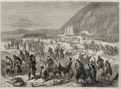 Der Aufstand in Dalmatien (die Bocche di Cattaro) - Aufstand gegen die von der österreichischen Regierung auferlegte Wehrpflicht - EREIGNISSE IN DALMATIEN. AUFSTÄNDISCHE GREIFEN DAS STAATLICHE TRINITÄTSFORT AN, IN DER NÄHE VON CATARO (Bucht von Kotor) - Bu von Unknown artist