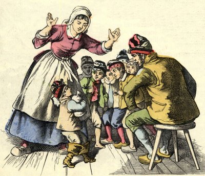 Der kleine Poulet und seine Brüder kehren zu ihren Eltern zurück. Illustration aus dem Märchen „Der kleine Däumling“ von Charles Perrault von Unknown artist