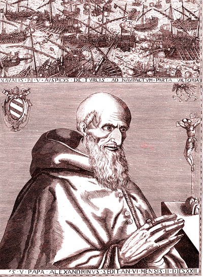 Papst Pius V. schließt ein Bündnis mit der spanischen Flotte und der venezianischen Flotte gegen die Türken in der Schlacht von Lepanto im Oktober 1571 von Unknown artist