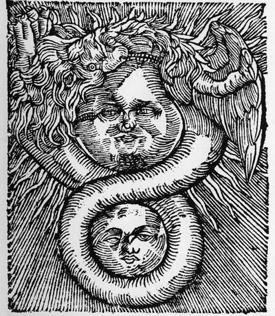 Die Sonne und der Mond: vereint durch den Drachen - Gravur aus dem Werk von Basil Valentine „Das Azoth der Philosophen“. Paris von Unknown artist