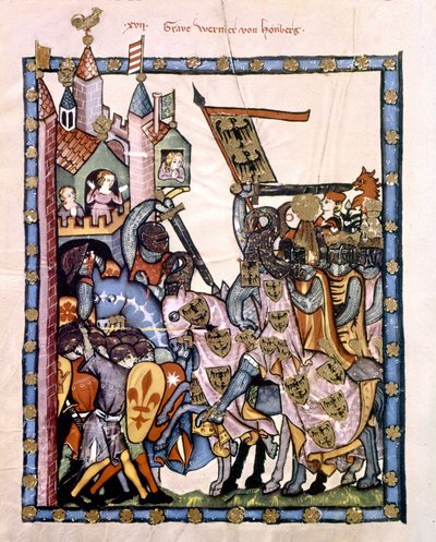 Der Schweizer Dichter und Ritter Graf Werner von Homberg (1284-1320) im Dienst von Kaiser Heinrich VII. belagerte eine Festung, die von den Anjou-Truppen von Sizilien verteidigt wurde. Miniatur des Codex „Manesse“ oder „Manessesche Liederhandschrift“ von Unknown artist