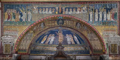 Die Vision des himmlischen Jerusalem: Die Auserwählten werden von den Engeln empfangen. Unten das Lamm Gottes. Detail. Mosaik um 830. Triumphbogen der Basilika Santa Prassede, Rom von Unknown artist