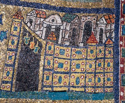 Die Vision des himmlischen Jerusalem: Detail von Jerusalem, dargestellt in einer befestigten Stadt. Mosaik um 830. Triumphbogen der Basilika Santa Prassede, Rom von Unknown artist