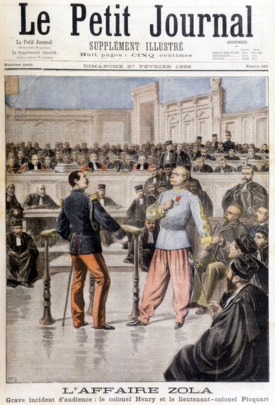 Der Fall Zola: schwerer Vorfall bei der Anhörung zwischen Oberst Hubert Henry (1846-1898) und Oberstleutnant Georges Picquart (1854-1914) - in „Le Petit Journal“ vom 27.02.1898 von Unknown artist