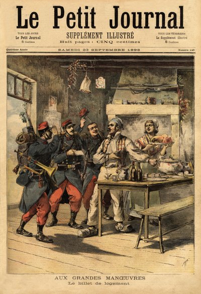 Das Unterkunftsticket, das von der Armee an ihre Soldaten im Feld ausgegeben wird, um Unterkunft von Zivilisten zu verlangen. Gravur in „Le petit journal“ 23/09/1893. Sammlung Selva von Unknown artist