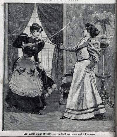 Die Folgen einer Rivalität: ein Schwertduell zwischen Frauen. Gravur in 