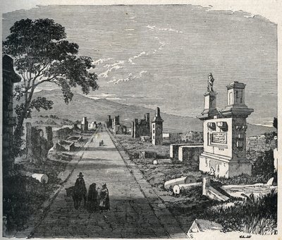 Die antike Appianische Straße, Via Appia, die die Pontinischen Sümpfe (Agro Pontino) bei Rom durchquert. Gravur des 19. Jahrhunderts. von Unknown artist