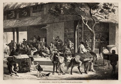 Die Animation eines Hauses und die Aktivitäten der Straße. Gravur zur Illustration der Reise nach Japan, 1863-1864, von Aime Humbert, Minister der Schweizerischen Eidgenossenschaft, in „Le tour du monde, nouveau journal des voyages“ von Unknown artist