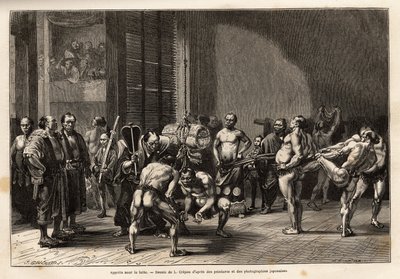 Die Vorbereitungen für das Sumo-Ringen, die Athleten wärmen sich auf, dehnen sich, stylen sich und konzentrieren sich vor dem Kampf. Gravur zur Illustration der Reise nach Japan, von Aime Humbert, Minister der Schweizerischen Eidgenossenschaft, 1863-1864,  von Unknown artist