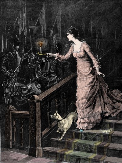 Das verfluchte Waffenlager: eine junge Frau steigt die Treppe hinunter und richtet die Kerze, die sie in der Hand hält, auf eine Rüstung. Illustration aus dem späten 19. Jahrhundert von Unknown artist
