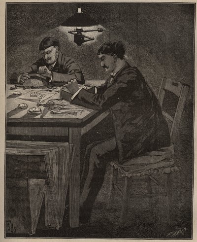 Die Kunst des Steinschneidens: Gravur einer Kamee-Muschel. Gravur von 1885 in „Les arts et métiers illustrés“ von Adolphe Bitard. von Unknown artist