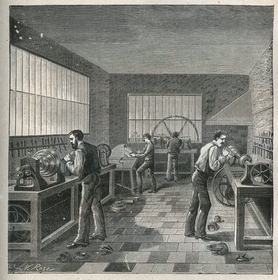 Die Kunst des Drehens: Metallarbeit in einer Werkstatt eines Dreher-Repellers. Gravur von 1885 in „Les arts et métiers illustrés“ von Adolphe Bitard. von Unknown artist