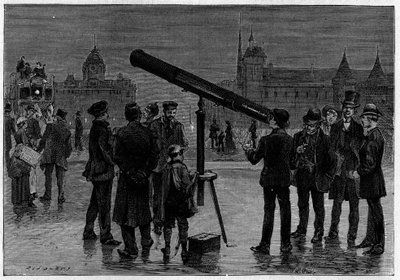 Der Astronom und sein astronomisches Fernrohr auf dem Place du Châtelet in Paris zur Zeit der Beobachtungen des Planeten Venus im Februar 1889. Gravur in „La Nature. Revue des sciences et de ses applications aux arts et à l