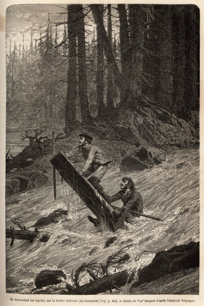 Der Autor und sein Reisender, Mcdonald, die Stromschnellen des Nittinaht-Flusses (Vancouver Island) auf einem provisorischen Floß hinunterfahrend. Gravur zur Illustration der Reise und Abenteuer in Englisch-Kolumbien, Vancouver Island und Alaska, von Frede von Unknown artist