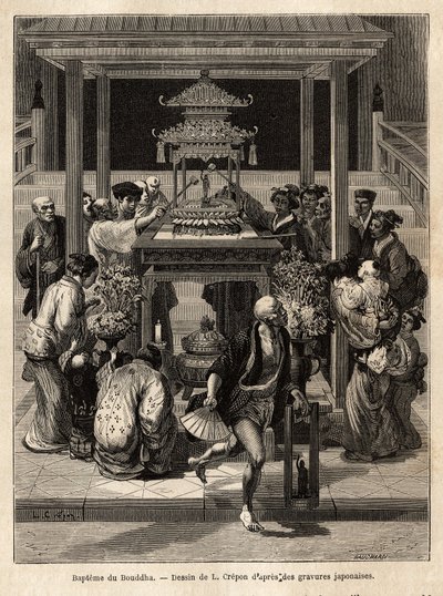 Die Taufe des Buddha, ein jährliches Fest, das am 8. Tag des 4. Monats stattfindet, Gläubige begießen die für den Anlass vor den Tempeln ausgestellte Bronzestatue des Buddha. Gravur zur Illustration der Reise nach Japan, von Aime Humbert, Min von Unknown artist