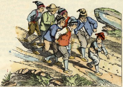 Die Brüder folgen dem kleinen Poulet, der weiße Kieselsteine auf dem Weg verstreut hat. Illustration aus dem Märchen „Der kleine Däumling“ von Charles Perrault von Unknown artist