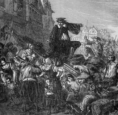 Der Kommandant der Garnison wurde auf den Barrikaden in Paris getötet (Beginn der Fronde) in „Histoire des popes, rois, queens, emperors through the centuries“ von Lachartre, 19. Jahrhundert von Unknown artist