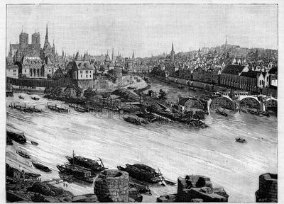 Der Bau der Pont Neuf in Paris, der durch den Square du Vert-Galant am Ende der Ile de la Cite führt. Die ersten Arbeiten im Jahr 1578. Gravur in "Le Monde illustré" von Unknown artist