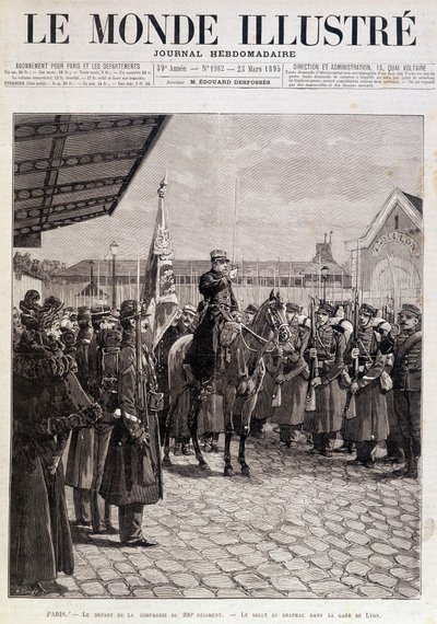 Abreise der Kompanie des 200. Regiments. Gruß an die Flagge im Gare de Lyon. „Die illustrierte Welt“. 23/03/1895. Zeichnung. von Unknown artist