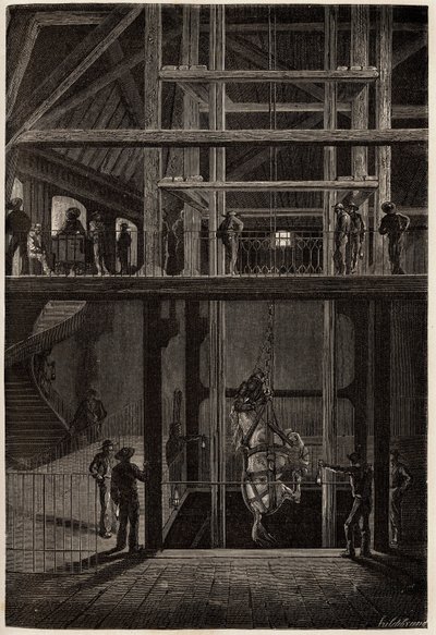 Der Abstieg eines Pferdes in die Creusot-Minen, verwendet in unterirdischen Tunneln für den Transport von Kohlenwagen. Gravur zur Illustration einer Reise nach Creusot und den Minen von Saone und Loire, im Jahr 1865, von L. Simonin, in „Le tour du monde, n von Unknown artist