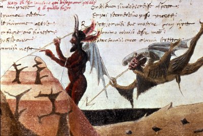 Die Teufel in einem Kreis der Hölle nach einer handschriftlichen Ausgabe der Divina Commedia (Göttliche Komödie) von Dante Alighieri (1265 - 1321) aus dem 14. Jahrhundert. Bibl.Trivulziana Mailand. von Unknown artist