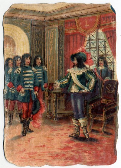 Der Zwist zwischen den drei Musketieren und der Wache von Kardinal Jules Mazarin (Giulio Raimondo Mazzarino oder Mazarino) (1602-1661). Chromolithographie des 19. Jahrhunderts von Unknown artist