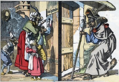 Der verkleidete Wolf klopft an die Tür des Hauses mit der Ziege und den Geißlein. Illustration des Märchens „Compere le Loup, Maitre Renard, Comere la Chevre et ses petits biquets“ nach einer Fabel von Jean de la Fontaine. In „Tales from the home for the l von Unknown artist