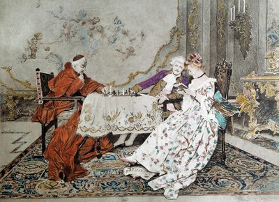 Der doppelte Part: Ein Kardinal spielt Schach gegen einen jungen Mann, der ein Verführungsspiel mit einer jungen Frau in seiner Nähe spielt von Unknown artist