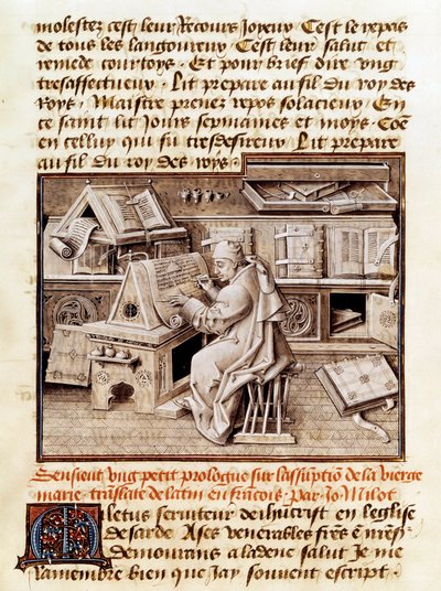 Der Geistliche, Kopist und Übersetzer Jean Mielot (gestorben 1472) bei der Arbeit in seinem Büro. Seite eines Manuskripts aus dem 15. Jahrhundert von Unknown artist