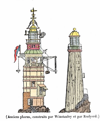 Der erste und zweite Leuchtturm in Eddystone. Der erste, gebaut 1696, verschwand in einer stürmischen Nacht 1703; der zweite stürzte 1775 aufgrund eines Feuers ein. von Unknown artist