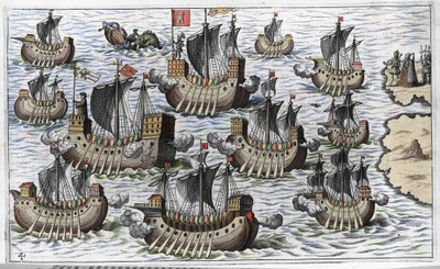 Die Flotte von Christoph Kolumbus (Cristoforo Colombo) zur Eroberung der Neuen Welt - in „Nova Tipus Transacto Navigatio Novi Orbi“ von Philoponus Honorius von Unknown artist