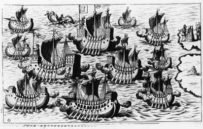 Die Flotte von Christoph Kolumbus (Cristoforo Colombo) zur Eroberung der Neuen Welt - in „Nova Tipus Transacto Navigatio Novi Orbi“ von Philoponus Honorius von Unknown artist