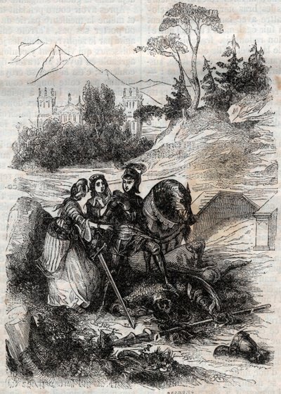 Der Riese Eriphile wird von Roger besiegt - Gravur von 1851 aus „Furioser Roland“ (Orlando furioso) (16. Jahrhundert) von Ludovico Ariosto, bekannt als der Ariosta - Ausgabe übersetzt aus dem Italienischen von Graf von Tressan und veröffentlicht von Gustav von Unknown artist