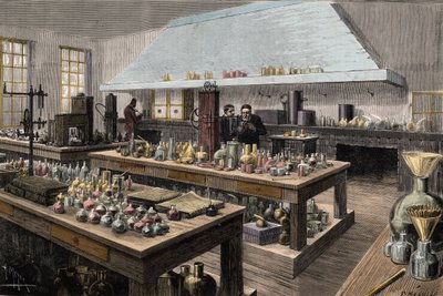 Das große Labor von Louis Pasteur (1822-1895), französischer Chemiker und Biologe, an der École normale supérieure - Gravur von Meyer 1884 von Unknown artist