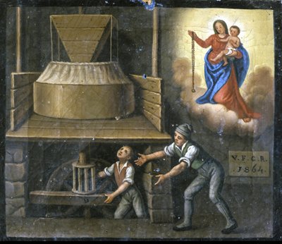 Die Hand eines jungen Arbeiters wird in einem Mühlstein gefangen. von Unknown artist