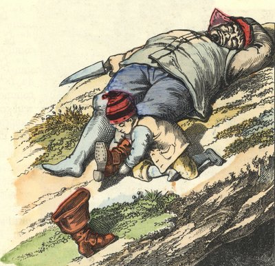 Der kleine Däumling stiehlt dem schlafenden Oger die Siebenmeilenstiefel. Illustration des Märchens „Le Pepetit Poucet“ von Charles Perrault von Unknown artist