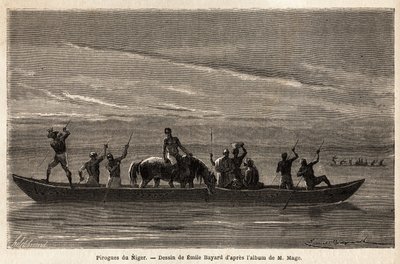 Die langen Kanus der Bambara auf dem Niger, die mit langen Stangen manövriert werden, können mehrere Personen und sogar Vieh oder Pferde transportieren. Illustration der Reise in den westlichen Sudan von Leutnant (Marine) M. Mage, 1863-1866, veröffentlicht von Unknown artist