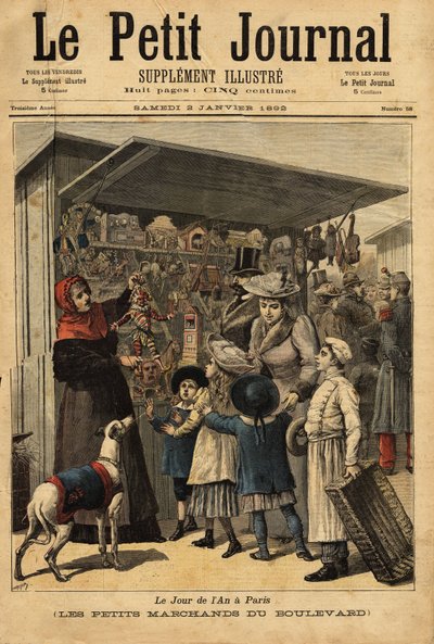 Die Händler und ihre Boulevardauslagen am Neujahrstag in Paris. Gravur in „Le petit journal“ 2/01/1892. Selva-Sammlung von Unknown artist