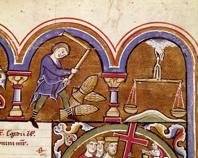 Der Monat September, landwirtschaftliche Arbeit, Ernte, Weizendreschen mit einer Blume (Detail) von Unknown artist