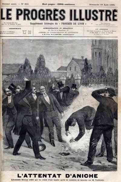 Der Mörder Clement Decoux wird Opfer seines versuchten Angriffs auf Emile Vuillemin (1822-?), Direktor der Minen von Aniche, der am 4. August 1895 seinen fünfzigsten Jahrestag an der Spitze der Kohleproduktion feiert (Stich in „Le Progres illustre“) von Unknown artist