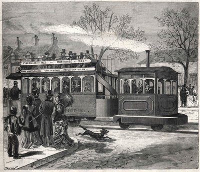 Die neuen Dampfstraßenbahnen in Paris im Jahr 1876 auf der Linie Saint-Germain-des-Prés an der Tür von Chatillon, Gravur. Bianchetti-Sammlung von Unknown artist