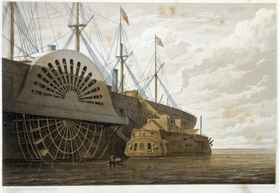 Die alte Fregatte mit ihrer Kabelladung neben der "Great Eastern" in Sheerness - in "Das Atlantische Telegraphenkabel" von W. H. Russel, ca. 1860 von Unknown artist