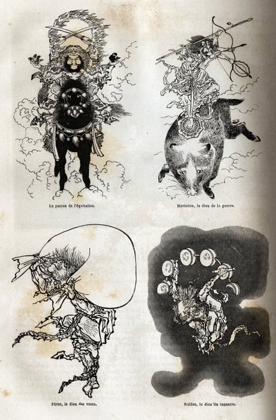 Das Pantheon der japanischen Gottheiten: traditionelle Darstellung einiger typischer Figuren: der Schutzpatron des Reitens; Marisiten, der Kriegsgott; Futen, der Windgott; Raiden, der Donnergott. Illustration der Reise nach Japan, 1863-1864, von von Unknown artist