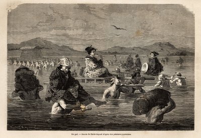 Die Passage eines Fährmanns, mit Darstellung der Methoden zum Transport von Passagieren und Gepäck. Gravur zur Illustration der Reise nach Japan, in den Jahren 1863-1864, von Aime Humbert, Minister der Schweizerischen Eidgenossenschaft, in „Le tour du mond von Unknown artist