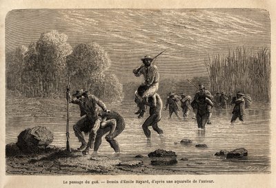 Der Durchgang des Flusses, die Siriniris-Indianer schlagen spontan vor, die Mitglieder der Expedition auf ihren Schultern zu tragen, um sie über die Teiche am Fuße des Mount Basiri (Peru) zu bringen. Gravur zur Illustration der Reise in die Täler von Unknown artist