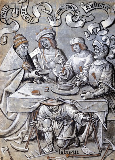 Der Papst, der Adel, die Kaufleute und das Militär schmieden Pläne auf dem Rücken des Volkes (ein Bauer) - antipapistische Karikatur von Unknown artist